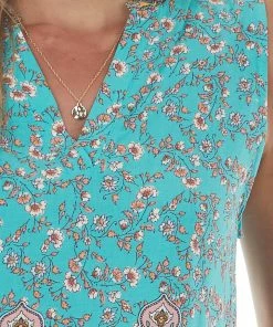 Staccato Teal Floral Print Sleeveless Notch Neck Top Tops