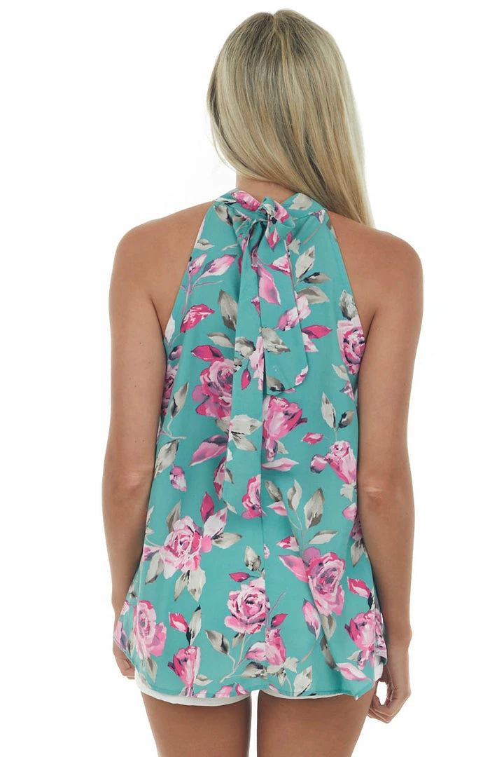 FSL APPAREL Teal Floral Print Sleeveless Woven Top With Halter Neckline Tops 9 FSL APPAREL Teal Floral Print Sleeveless Woven Top With Halter Neckline Tops