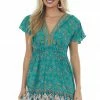 Umgee Teal Floral Print V Neck Woven Short Dress 1 Umgee Teal Floral Print V Neck Woven Short Dress