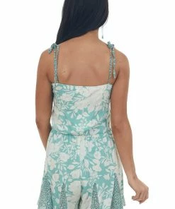 Umgee Dresses Teal Floral Tie Strap Smocked Pleat Romper
