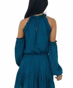 Lime Lush Dresses Teal Frilled Cold Shoulder Silky Short Dress