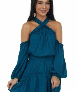 Lime Lush Dresses Teal Frilled Cold Shoulder Silky Short Dress