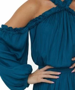 Lime Lush Dresses Teal Frilled Cold Shoulder Silky Short Dress