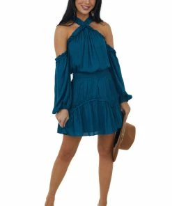 Lime Lush Dresses Teal Frilled Cold Shoulder Silky Short Dress