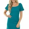 She + Sky Trends Teal Green Square Neck Short Sheath Dress