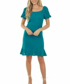 She + Sky Trends Teal Green Square Neck Short Sheath Dress