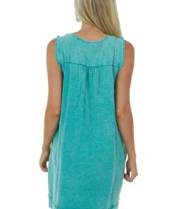 Umgee Teal Mineral Wash Notch Neck Sleeveless Dress