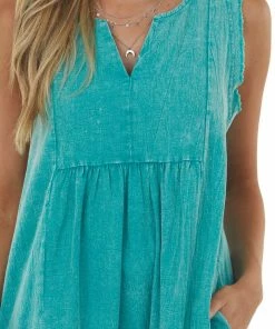 Umgee Teal Mineral Wash Notch Neck Sleeveless Dress