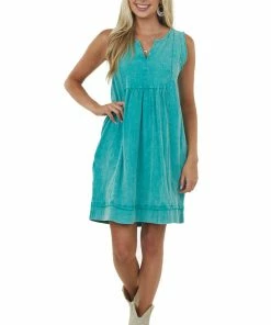 Umgee Teal Mineral Wash Notch Neck Sleeveless Dress