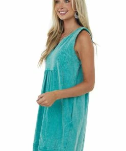 Umgee Teal Mineral Wash Notch Neck Sleeveless Dress