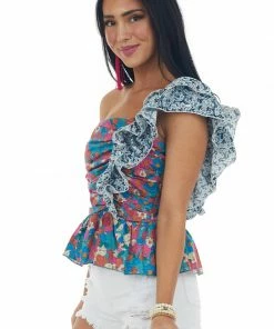 Umgee Teal Mixed Floral One Shoulder Peplum Blouse Tops