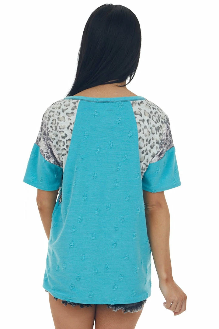 BiBi Teal Multiprint Short Sleeve Distressed Knit Top Tops 9 BiBi Teal Multiprint Short Sleeve Distressed Knit Top Tops