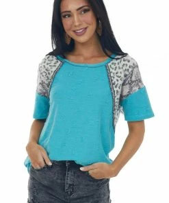 BiBi Teal Multiprint Short Sleeve Distressed Knit Top Tops 12 BiBi Teal Multiprint Short Sleeve Distressed Knit Top Tops