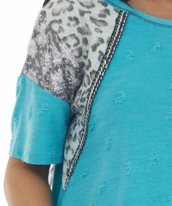 BiBi Teal Multiprint Short Sleeve Distressed Knit Top Tops 17 BiBi Teal Multiprint Short Sleeve Distressed Knit Top Tops