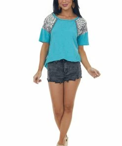 BiBi Teal Multiprint Short Sleeve Distressed Knit Top Tops 13 BiBi Teal Multiprint Short Sleeve Distressed Knit Top Tops