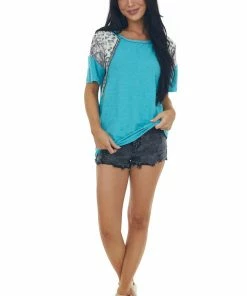BiBi Teal Multiprint Short Sleeve Distressed Knit Top Tops 14 BiBi Teal Multiprint Short Sleeve Distressed Knit Top Tops
