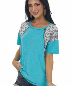 BiBi Teal Multiprint Short Sleeve Distressed Knit Top Tops 15 BiBi Teal Multiprint Short Sleeve Distressed Knit Top Tops