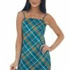 En Creme Teal Plaid Open Back Sleeveless Mini Dress Dresses