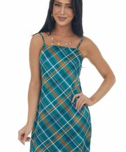 En Creme Teal Plaid Open Back Sleeveless Mini Dress Dresses