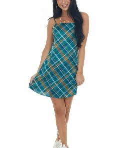 En Creme Teal Plaid Open Back Sleeveless Mini Dress Dresses