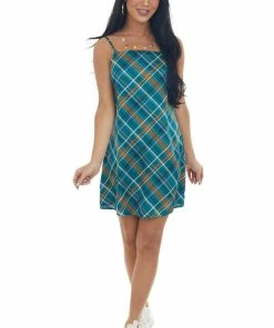 En Creme Teal Plaid Open Back Sleeveless Mini Dress Dresses