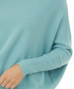 Lime Lush Tops Teal Ribbed Knit Asymmetrical Off The Shoulder Top