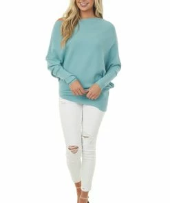 Lime Lush Tops Teal Ribbed Knit Asymmetrical Off The Shoulder Top