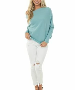 Lime Lush Tops Teal Ribbed Knit Asymmetrical Off The Shoulder Top