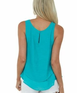 Umgee Tops Teal Round Neck Woven Tank Top With Tier Detail