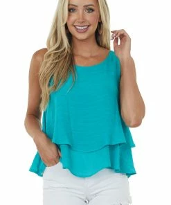 Umgee Tops Teal Round Neck Woven Tank Top With Tier Detail