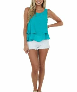 Umgee Tops Teal Round Neck Woven Tank Top With Tier Detail