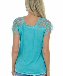 POL Clothing Tops Teal Scoop Neck Top With Sheer Lace Sleeves And Fringe