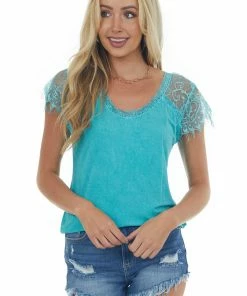 POL Clothing Tops Teal Scoop Neck Top With Sheer Lace Sleeves And Fringe