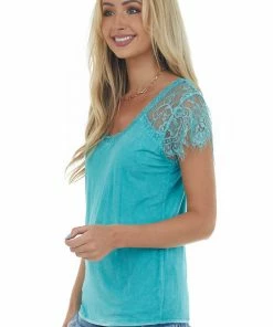 POL Clothing Tops Teal Scoop Neck Top With Sheer Lace Sleeves And Fringe