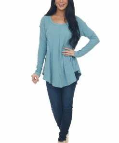 143 Story Tops Teal Scoop Neckline Rounded Hem Knit Top