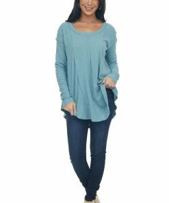 143 Story Tops Teal Scoop Neckline Rounded Hem Knit Top