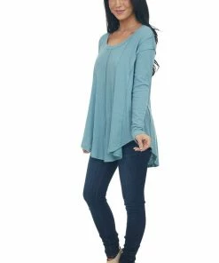 143 Story Tops Teal Scoop Neckline Rounded Hem Knit Top