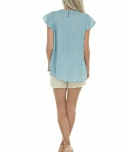 L Love Teal Short Ruffle Sleeves Woven Top With Lace Yoke 21 L Love Teal Short Ruffle Sleeves Woven Top With Lace Yoke