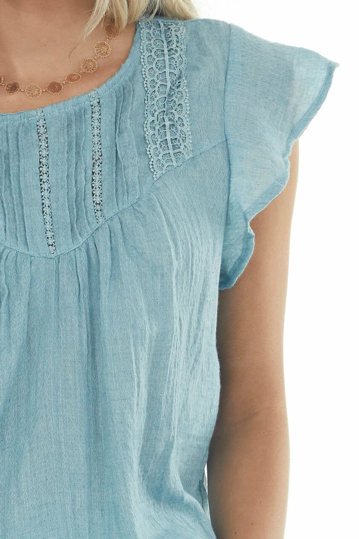 L Love Teal Short Ruffle Sleeves Woven Top With Lace Yoke 10 L Love Teal Short Ruffle Sleeves Woven Top With Lace Yoke