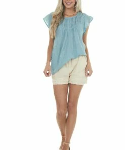 L Love Teal Short Ruffle Sleeves Woven Top With Lace Yoke 17 L Love Teal Short Ruffle Sleeves Woven Top With Lace Yoke