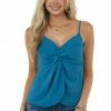 La Miel Teal Twist Front Adjustable Strap Woven Cami Tops