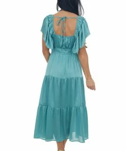 Umgee Dresses Teal V Neck Ruffle Sleeve Tiered Midi Dress 16 Umgee Dresses Teal V Neck Ruffle Sleeve Tiered Midi Dress