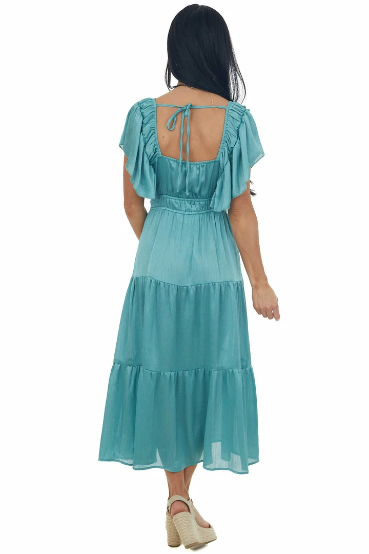 Umgee Dresses Teal V Neck Ruffle Sleeve Tiered Midi Dress 9 Umgee Dresses Teal V Neck Ruffle Sleeve Tiered Midi Dress
