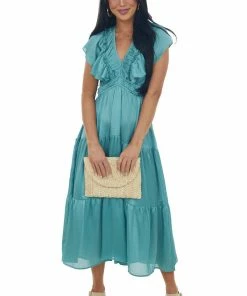 Umgee Dresses Teal V Neck Ruffle Sleeve Tiered Midi Dress 13 Umgee Dresses Teal V Neck Ruffle Sleeve Tiered Midi Dress