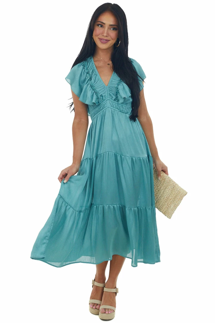 Umgee Dresses Teal V Neck Ruffle Sleeve Tiered Midi Dress 5 Umgee Dresses Teal V Neck Ruffle Sleeve Tiered Midi Dress