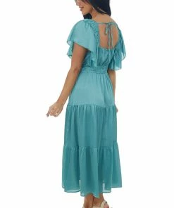 Umgee Dresses Teal V Neck Ruffle Sleeve Tiered Midi Dress 15 Umgee Dresses Teal V Neck Ruffle Sleeve Tiered Midi Dress