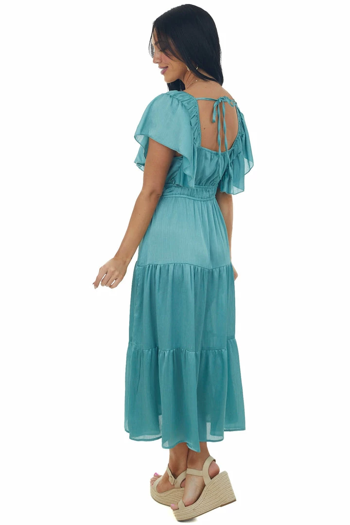 Umgee Dresses Teal V Neck Ruffle Sleeve Tiered Midi Dress 8 Umgee Dresses Teal V Neck Ruffle Sleeve Tiered Midi Dress