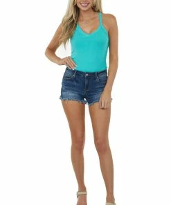 ZENANA Teal V Neck Stretchy Ribbed Fitted Tank Top Tops