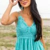 Lime Lush Tops Teal Blue Crochet Lace Top With Bow Tie Back