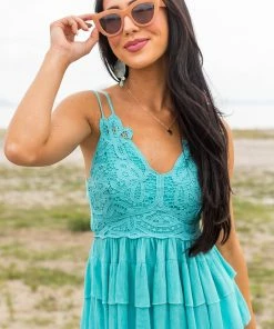 Lime Lush Tops Teal Blue Crochet Lace Top With Bow Tie Back